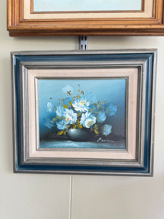 Vintage Original Oil Painting Blue Roses Still Life Signed Framed Floral Wall Art 16x13