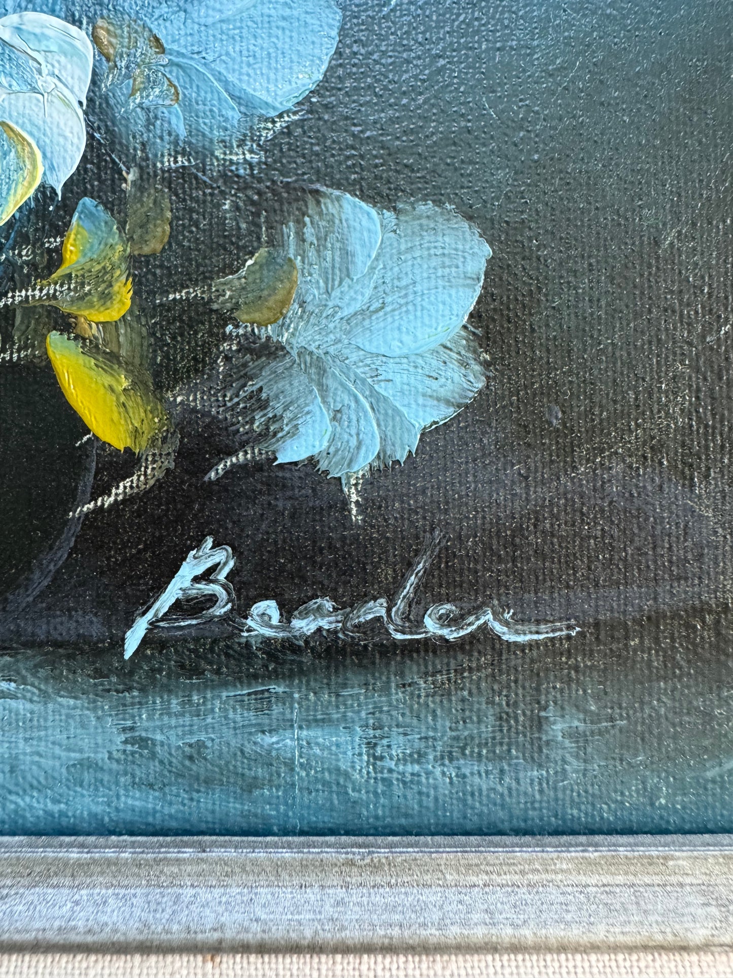 Vintage Original Oil Painting Blue Roses Still Life Signed Framed Floral Wall Art 16x13