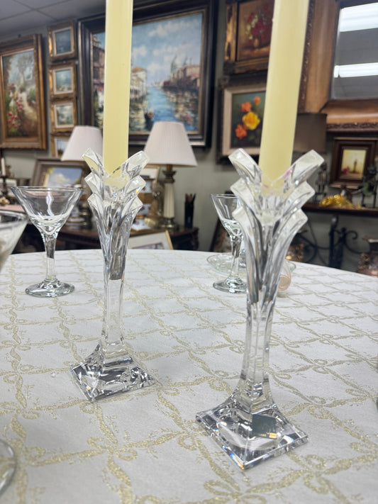 Pair Mikasa Crystal Candlestick Holders Germany 8” Elegant Clear Glass Vintage Style