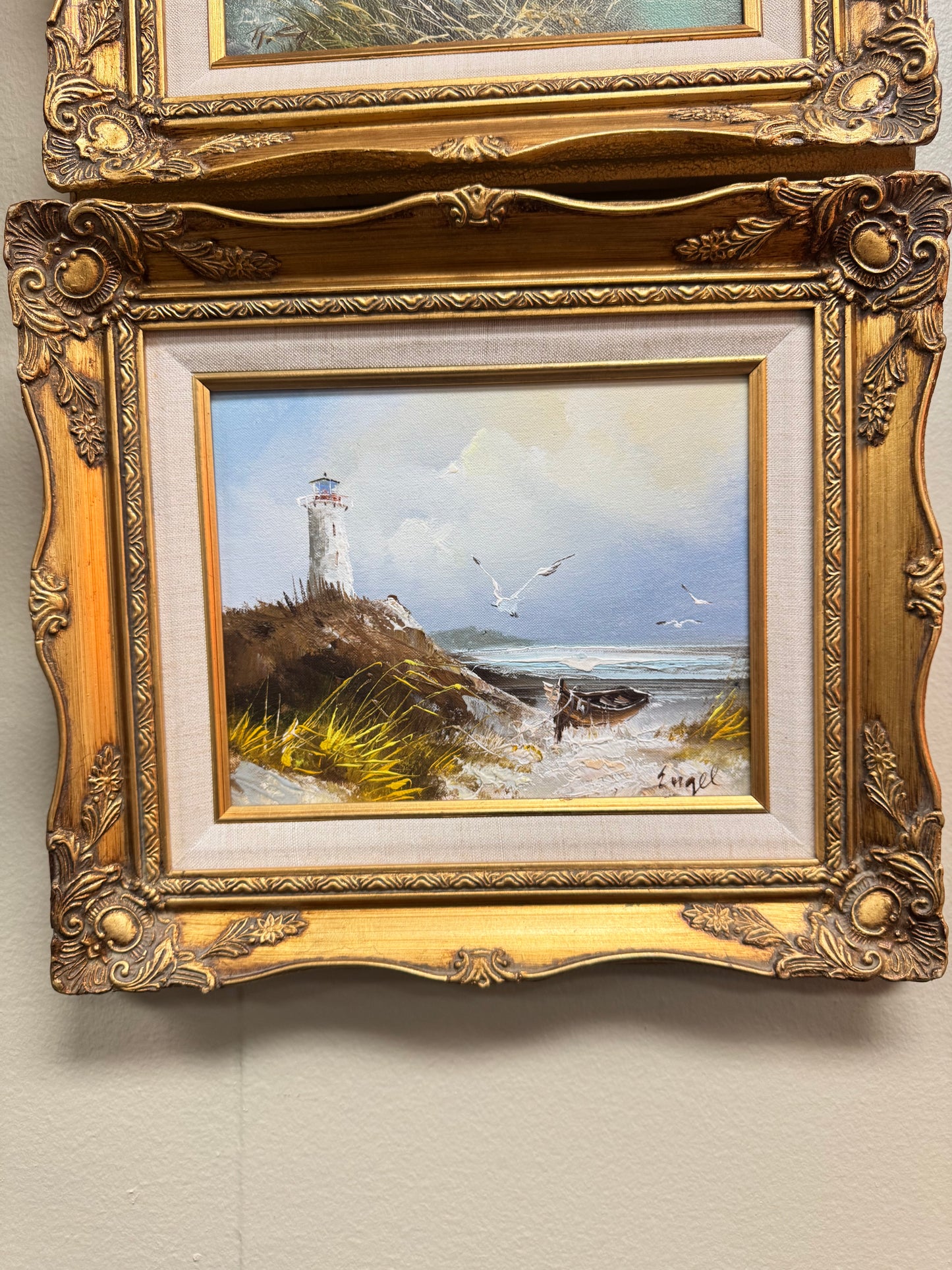 Framed Coastal Seascape Oil Painting Lighthouse Seagulls Ornate Gold Frame Wall Art 15x13