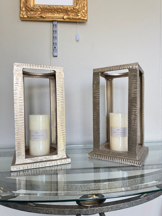 Modern Metal Candle Holders Set of 2 Gold & Silver Lantern Style Table Decor Tall 13''
