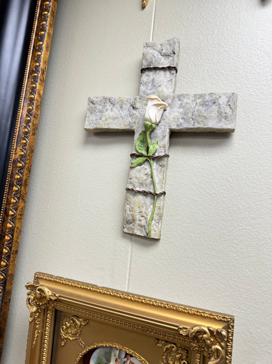 Vintage 1998 Wall Decor Cross Stone With Rose Neutral Home Accent
