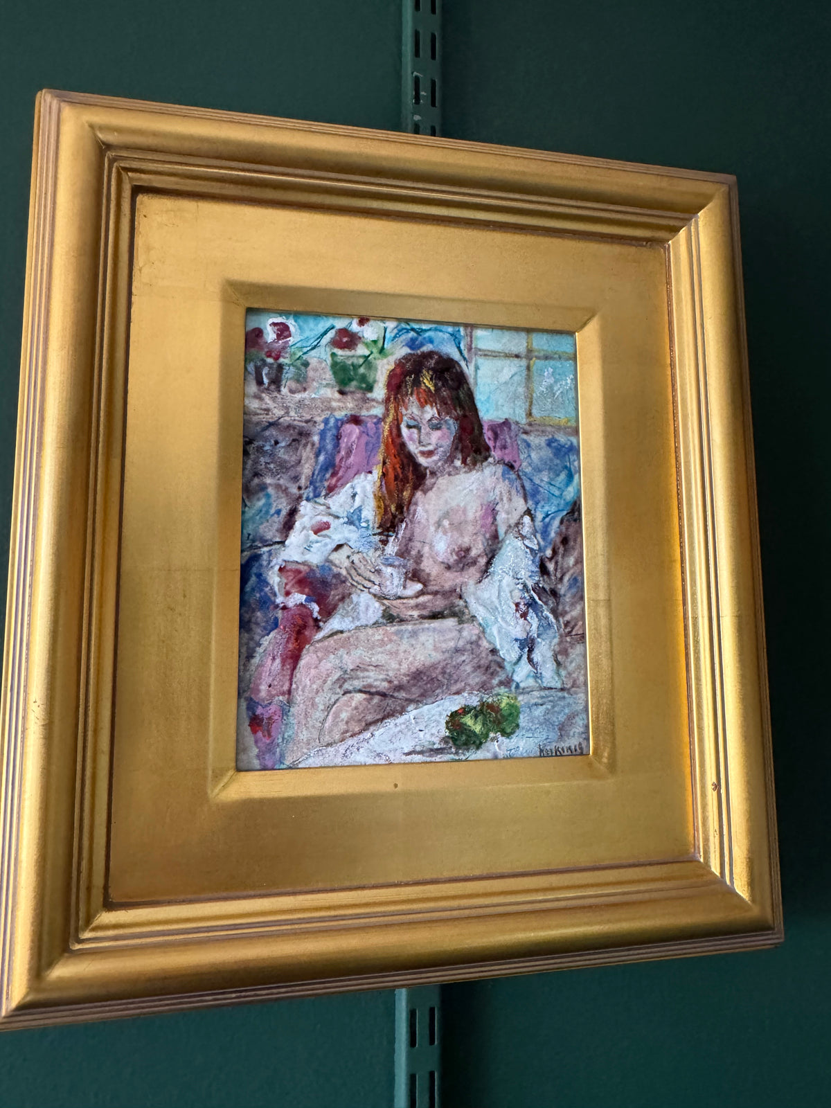 Daphne Keskinis Signed Enamel on Metal Painting – Seated Woman with Teacup – Gold Leaf Frame 17"x14"