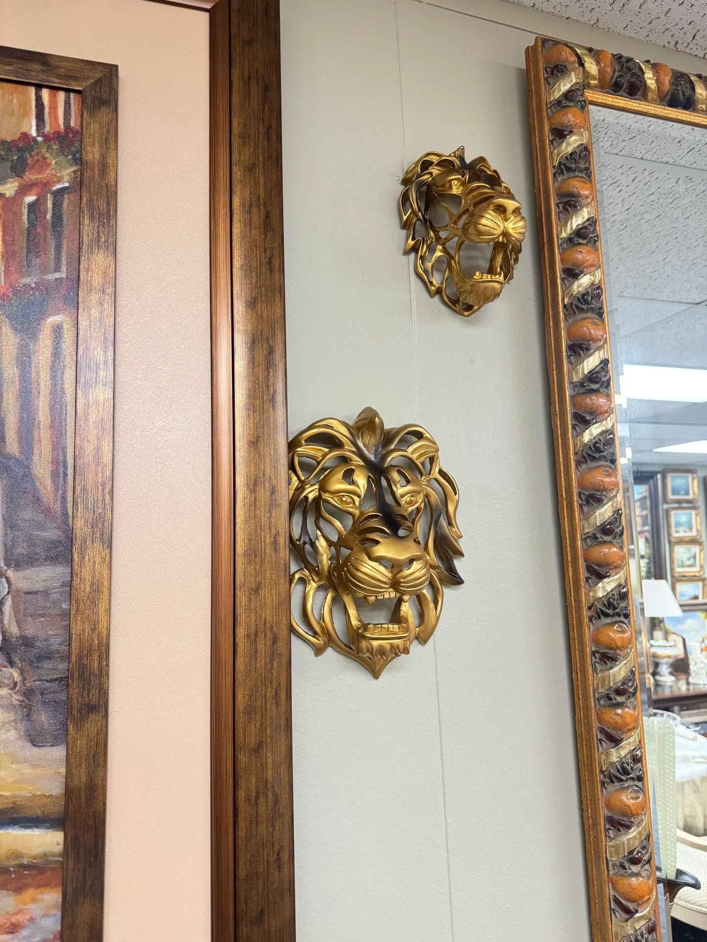 Gold Lion Head Wall Decor Set of 2 Resin Sculptures 10” & 7.5” Modern Wall Art