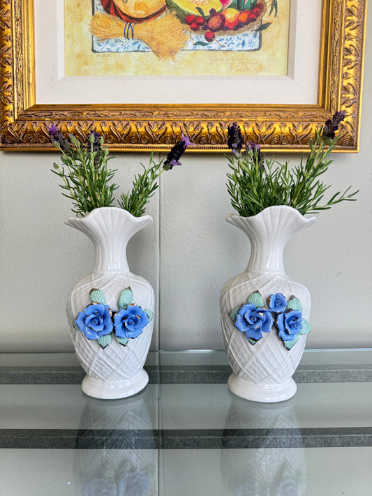 Set of 2 White Ceramic Vases Blue Roses Floral Embossed Vintage Style 9” Home Decor