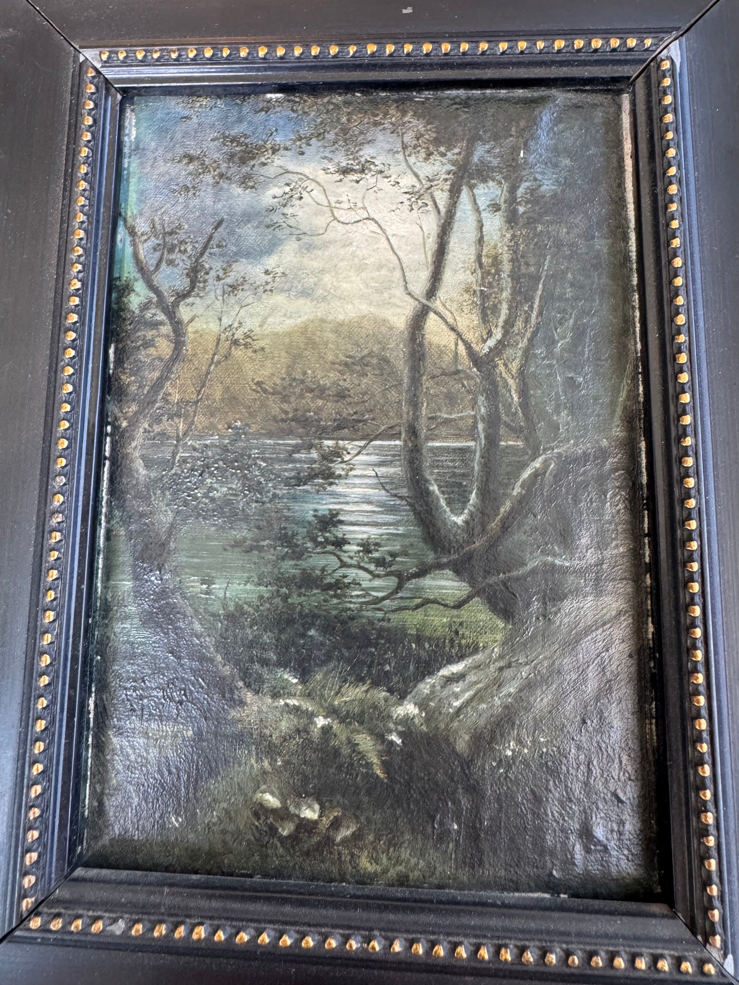 Vintage Framed Landscape Painting Moody Lake Scene Ornate Black Gold Frame 11x10