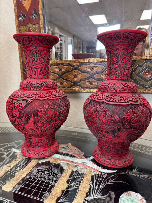 Pair Large Chinese Cinnabar Style Carved Red Black Vases Studio Marked 13” Asian Decor