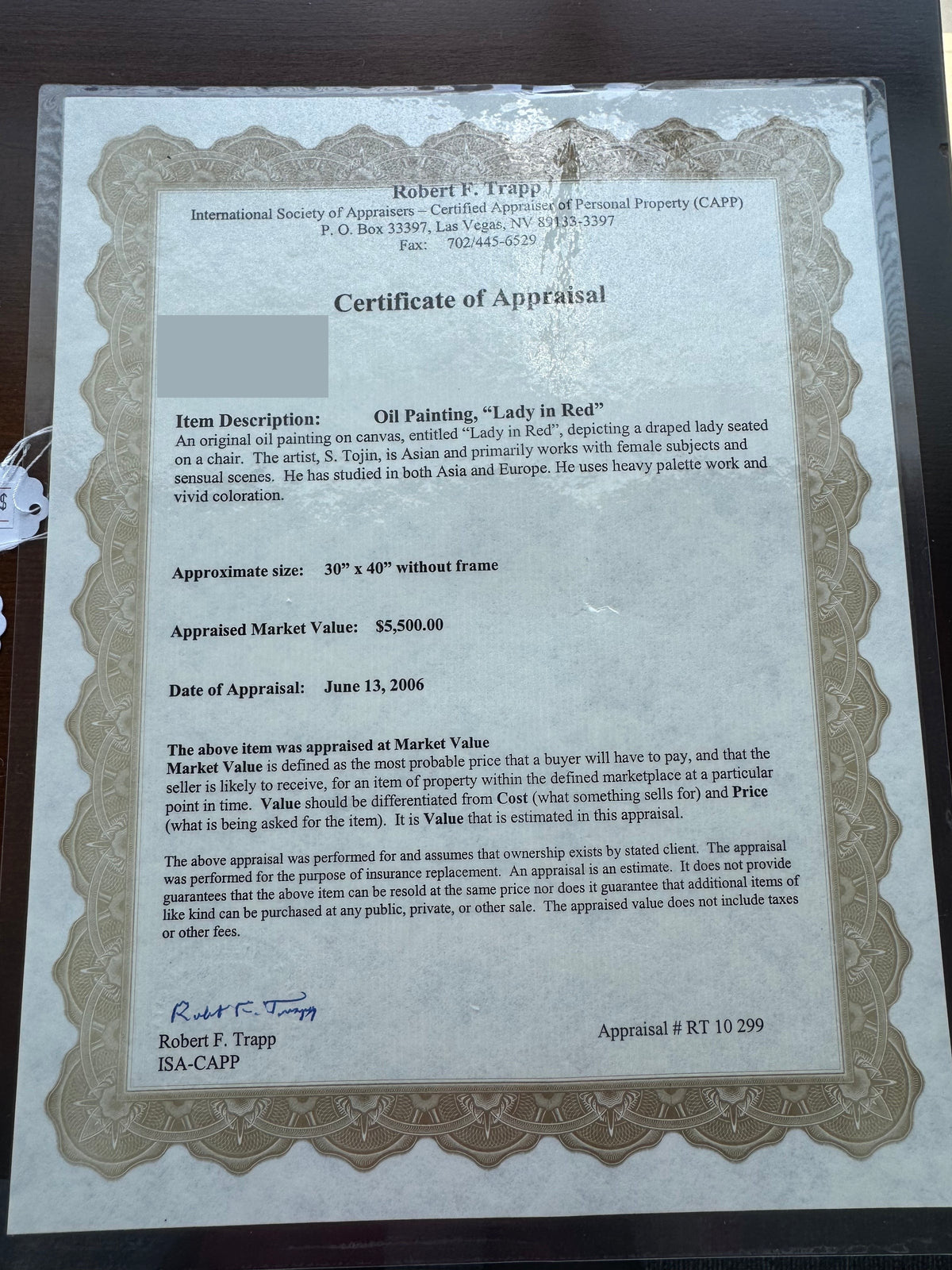Certificate of Appraisal for "Lady in Red" by S. Tojin, Robert F. Trapp ISA-CAPP, 13 June 2006, appraised market value $5,500