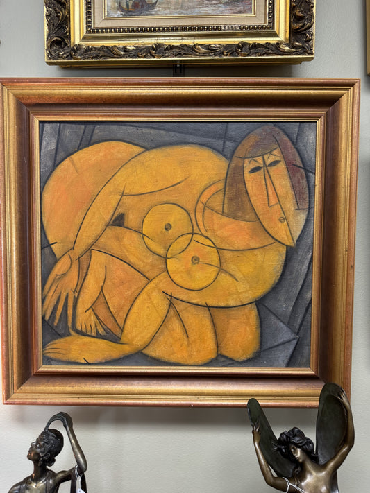 Alexander Mochalov (Motchalov) Original Oil Painting "Woman in Bed" 1992 – Russian Cubist Nude – Monogrammed & Dated – Framed 24"x24"