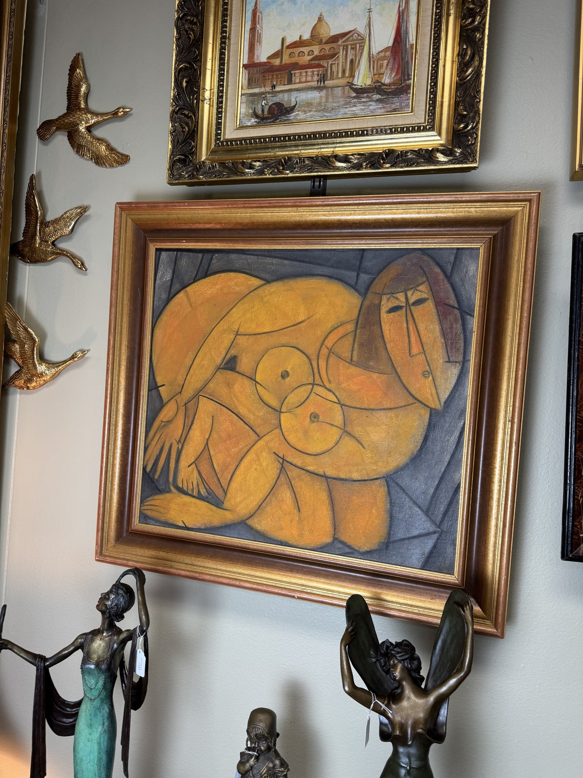 Alexander Mochalov (Motchalov) Original Oil Painting "Woman in Bed" 1992 – Russian Cubist Nude – Monogrammed & Dated – Framed 24"x24"