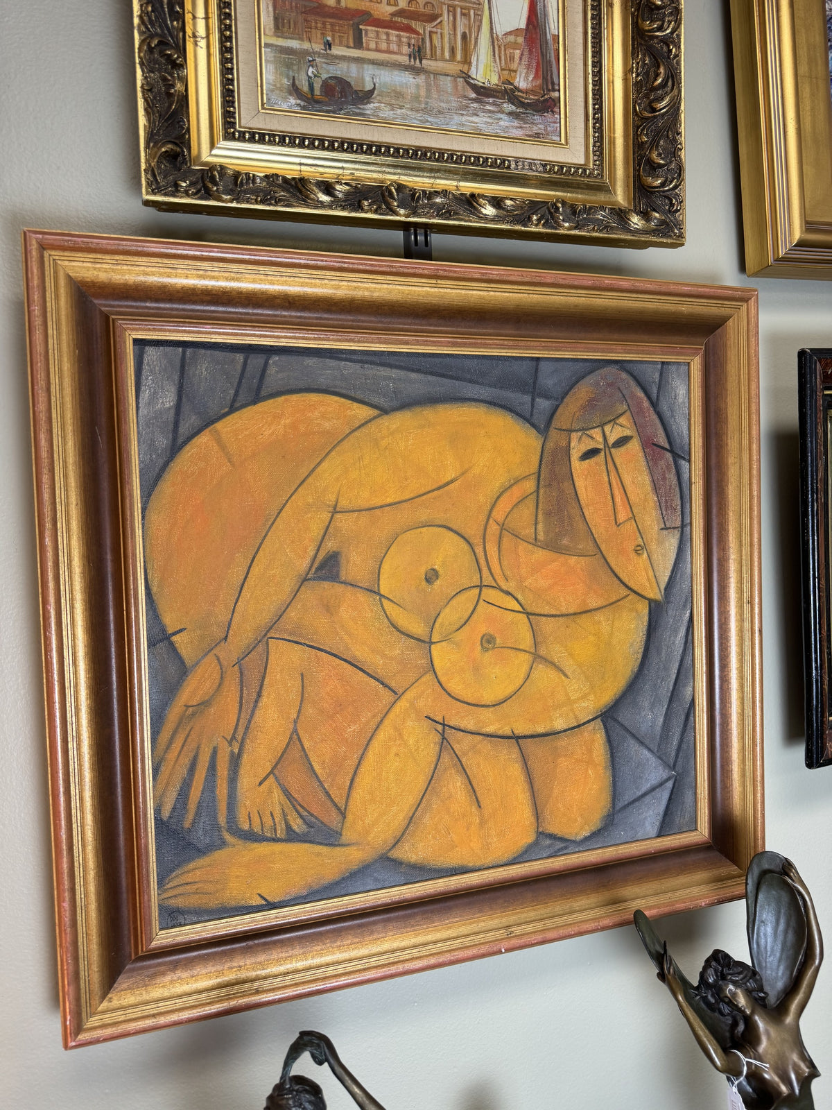 Alexander Mochalov (Motchalov) Original Oil Painting "Woman in Bed" 1992 – Russian Cubist Nude – Monogrammed & Dated – Framed 24"x24"