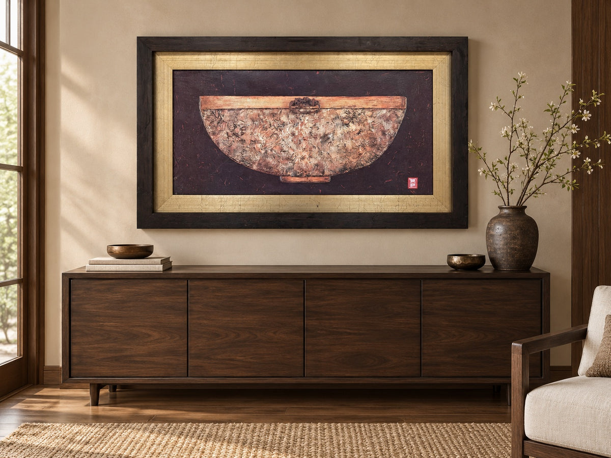 Large Textured Mixed Media on Canvas – Asian Inspired Vessel Wall Art