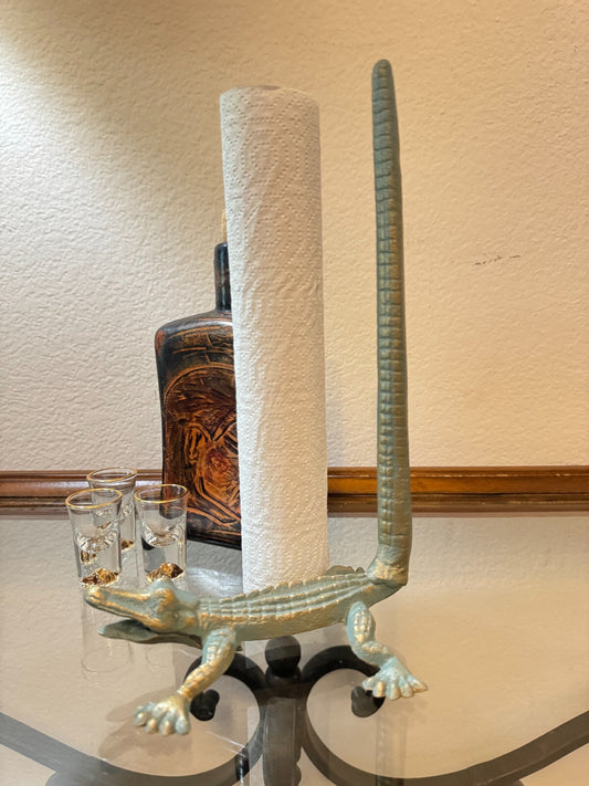 Whimsical Cast Iron Alligator Paper Towel Holder – 12” Tall Tail Stand, Light Bl