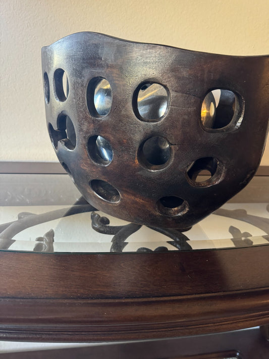 2pcs Large Decorative Vases – Dark Wood Cutout Bowl & Brushed Silver Heart Vase