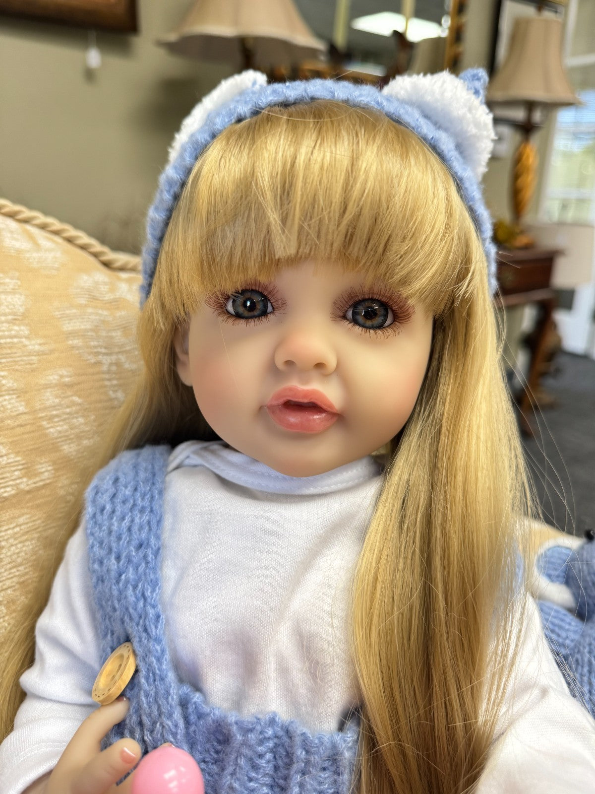 Realistic 20” Reborn Baby Doll  Blonde Hair, Knit Blue Outfit, 20in
