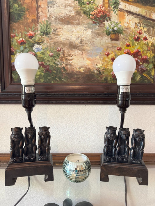 Pair of Vintage Resin Monkey Lamps – “See No Evil, Hear No Evil, Speak No Evil”