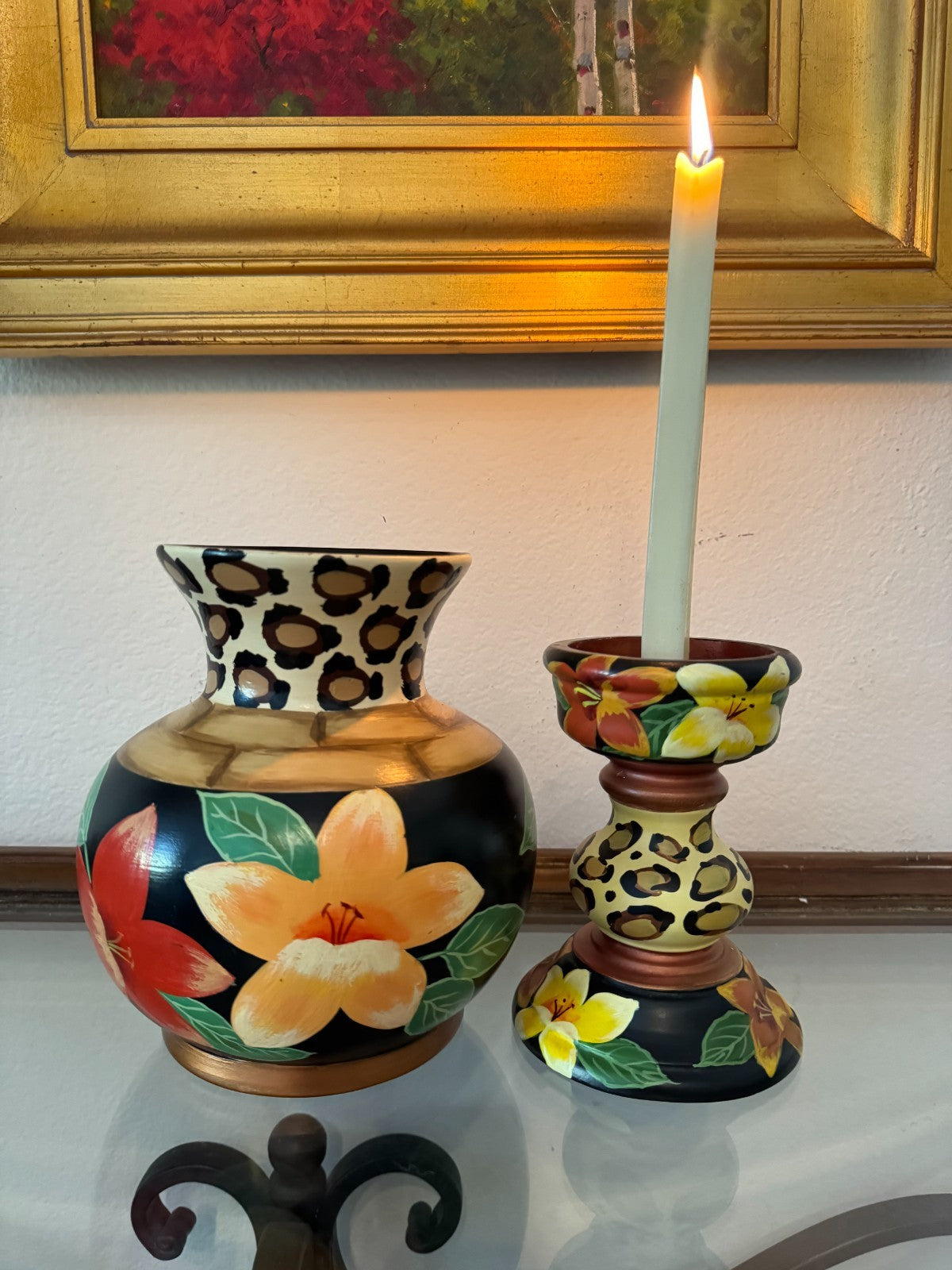 Anita Rosenberg Hand-Painted Ceramic Vase & Candle Holder Set – Leopard Floral