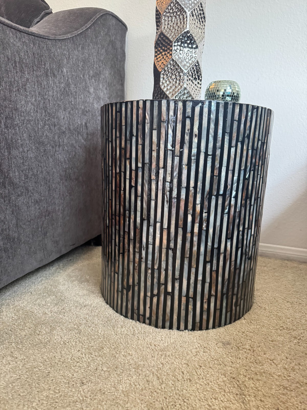 Modern Mother of Pearl Mosaic Style Drum Side Table  Resin 18”Hx16” Accent Table