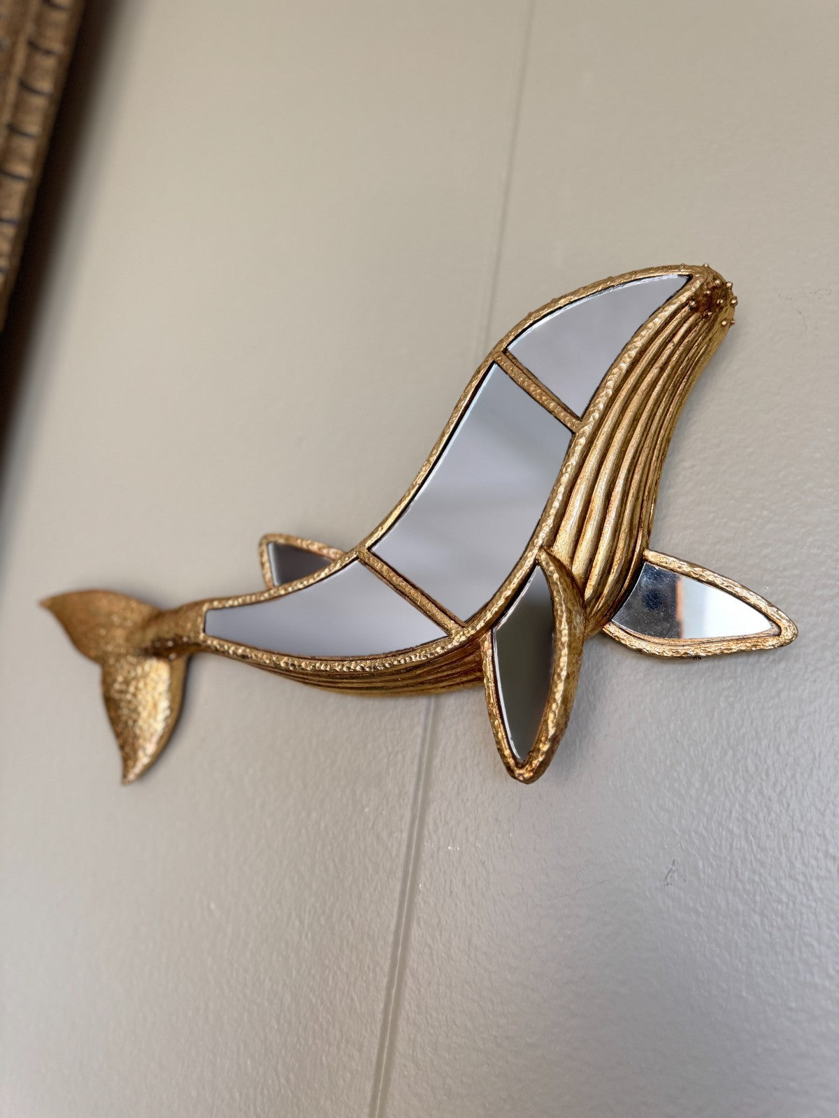 Gold Whale Wall Mirror – 12” Decorative Resin Nautical Accent Piece