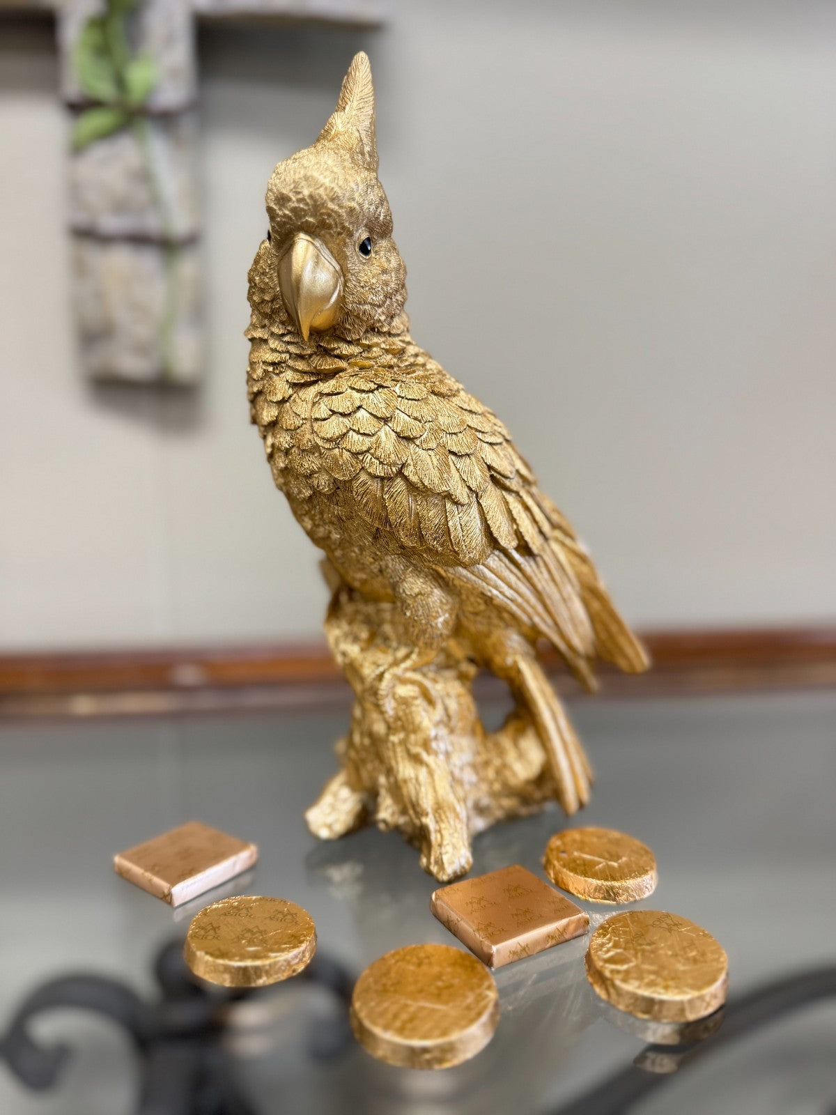 Gold Resin Cockatoo Parrot Figurine Sculpture on Tree Stump – 9” Tall Home Décor