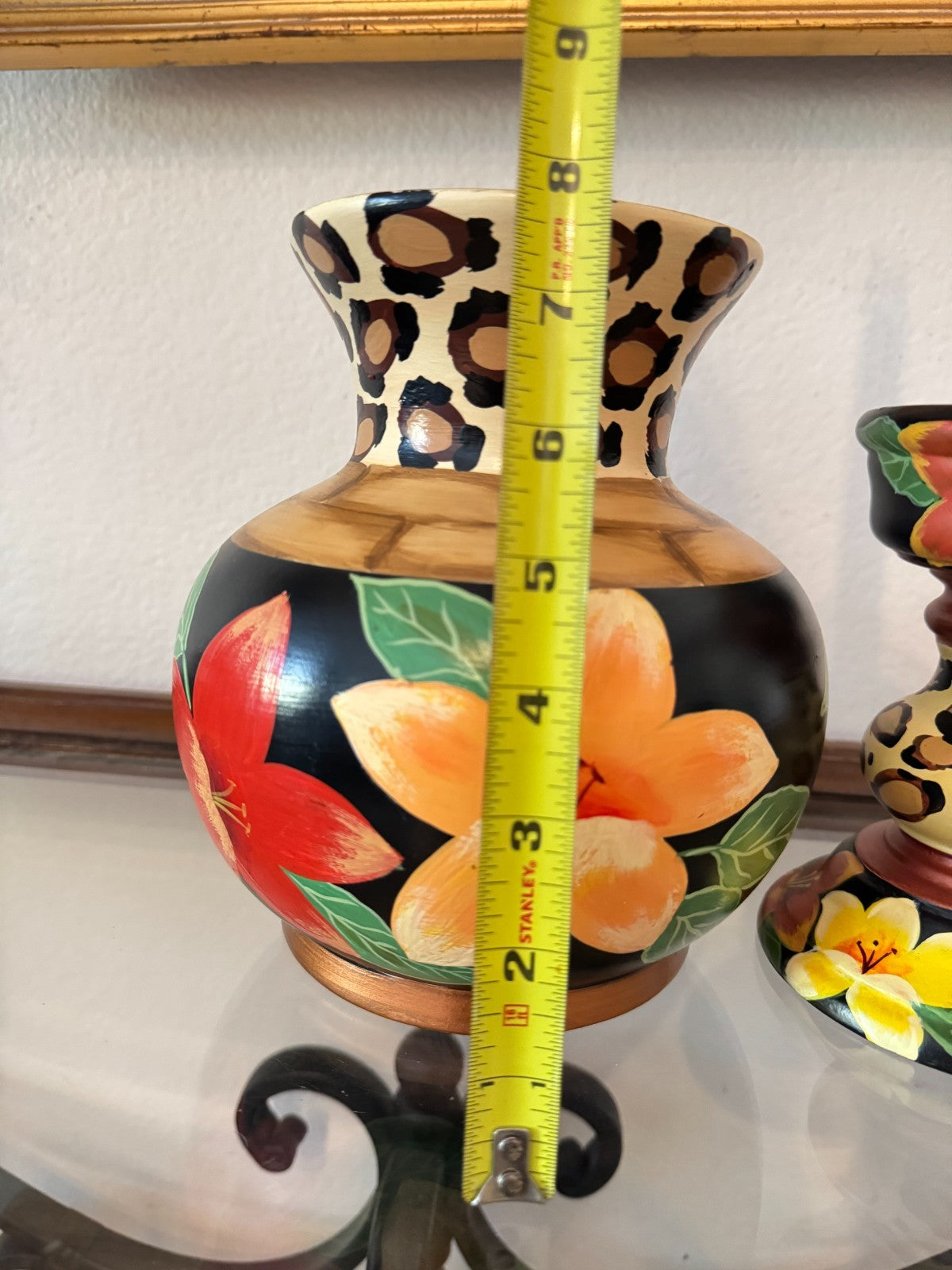 Anita Rosenberg Hand-Painted Ceramic Vase & Candle Holder Set – Leopard Floral