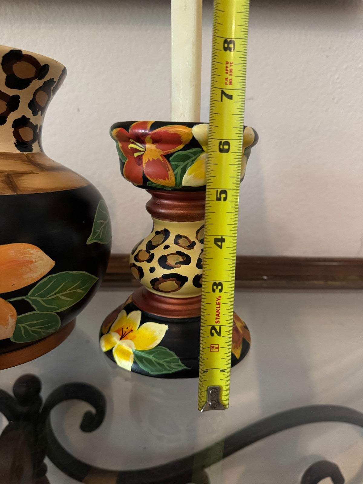 Anita Rosenberg Hand-Painted Ceramic Vase & Candle Holder Set – Leopard Floral