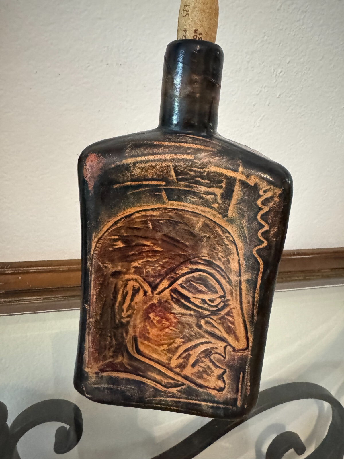 Original 1978  Sighed P. Capecchi Leather Wrapped Glass Bottle Collectible
