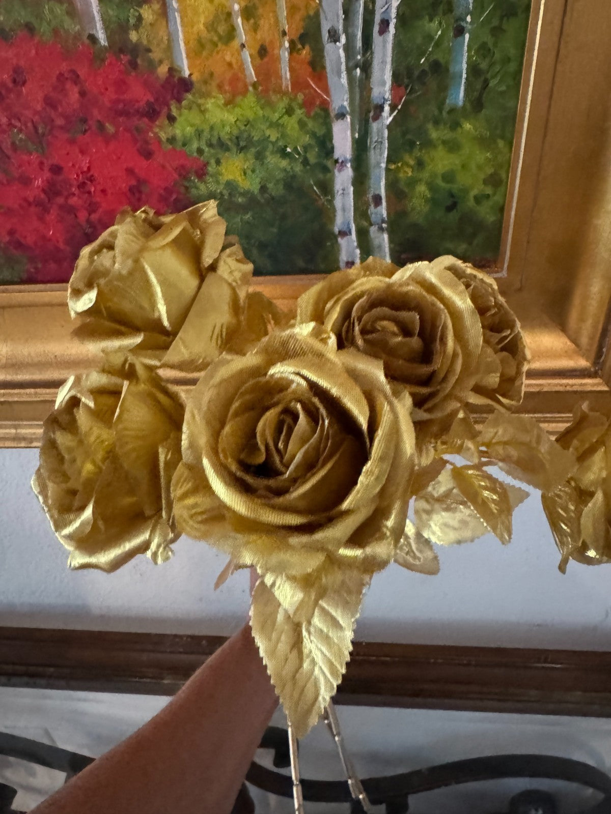 6pcs Gold Rose Artificial Flowers, Polyester, Home Decor, Tabletop Display,