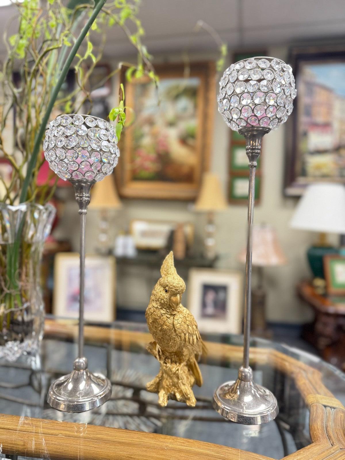 Set of 2 Crystal Beaded Candle Holders – 20, 17” Tall Silver Metal Stands