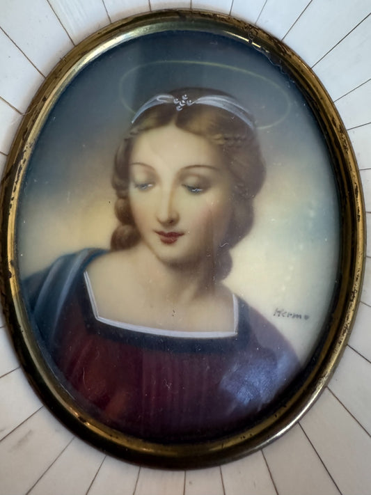 Antique Hand-Painted Porcelain Portrait Plaque of Madonna Signed “Herms” Gilded