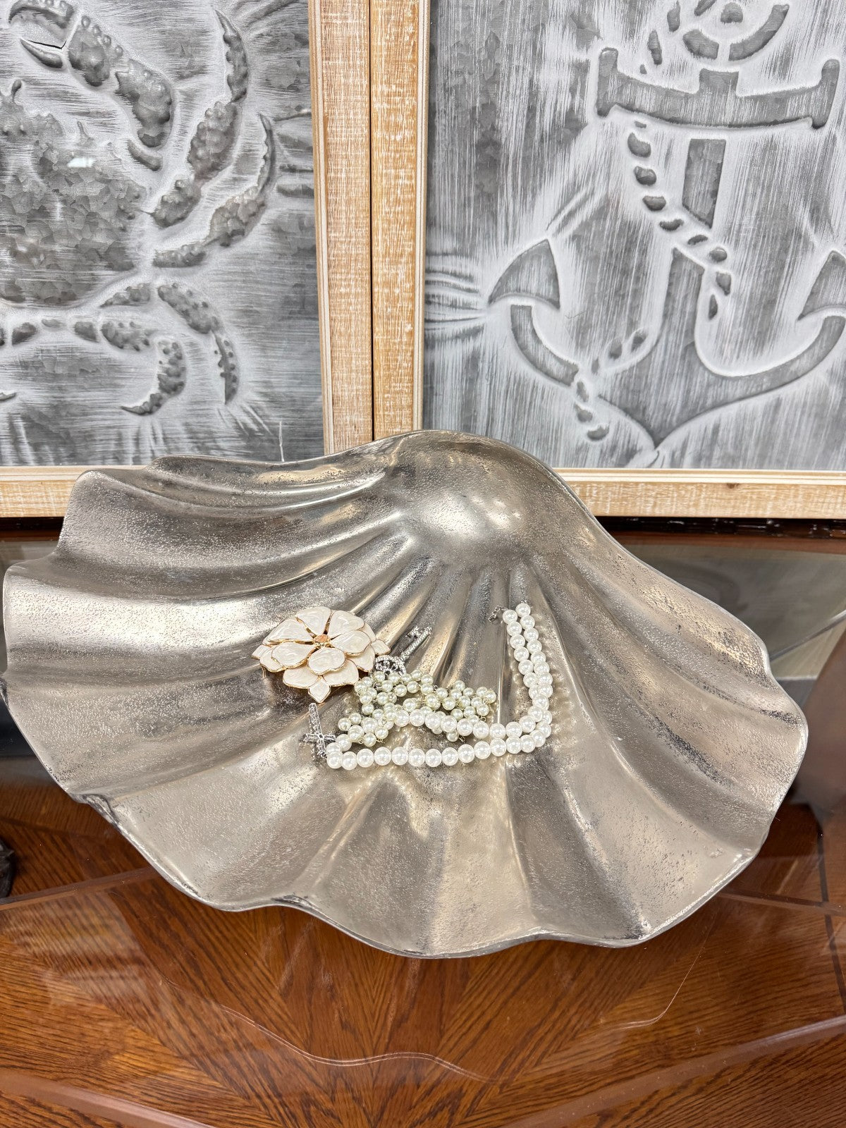 Large Silver Aluminum Clam Shell Bowl Decorative Centerpiece – 18”x14” Coastal S