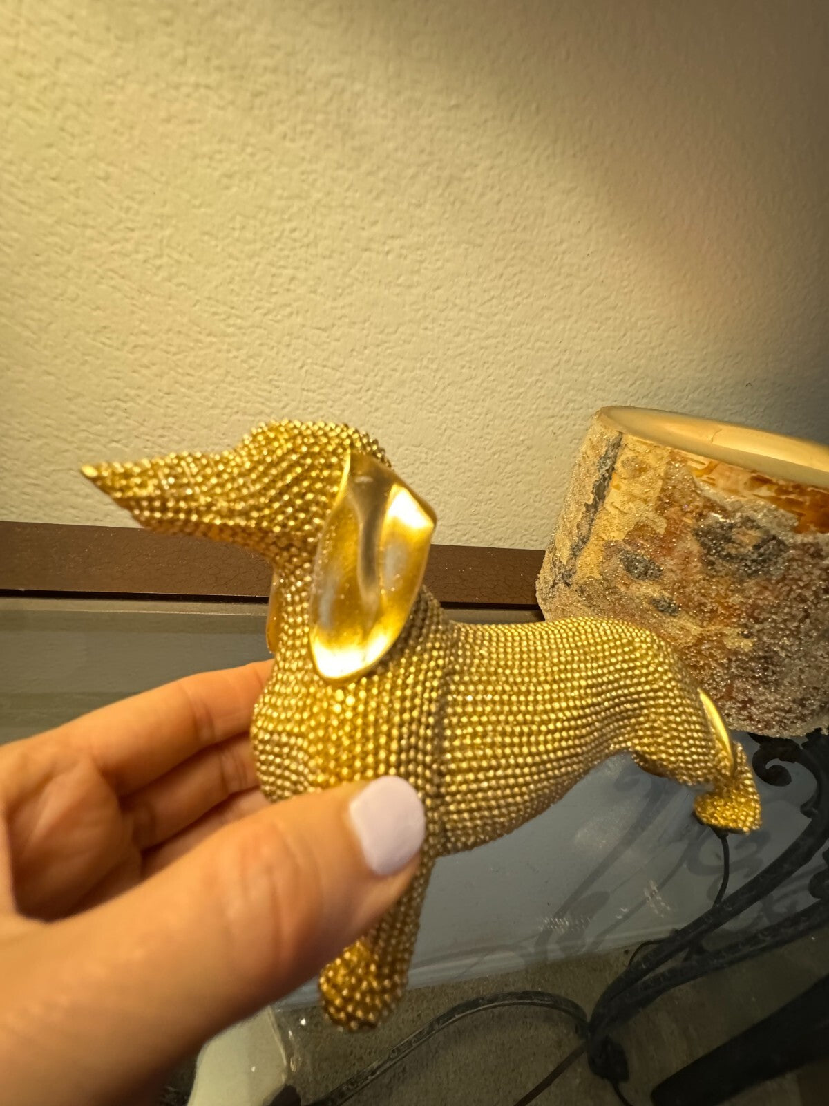 Elegant Gold Beaded Dachshund Dog Figurine – Decorative Sculpture, 6 Long