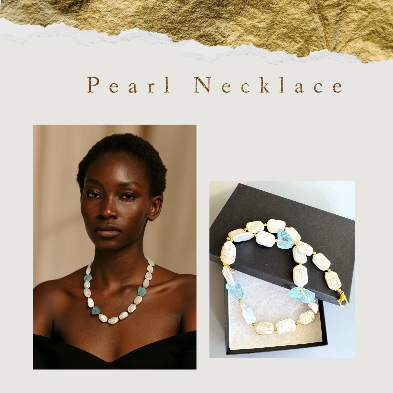 Natural Baroque Pearl & Raw Aquamarine Gemstone Necklace – 18” Adjustable, Handm