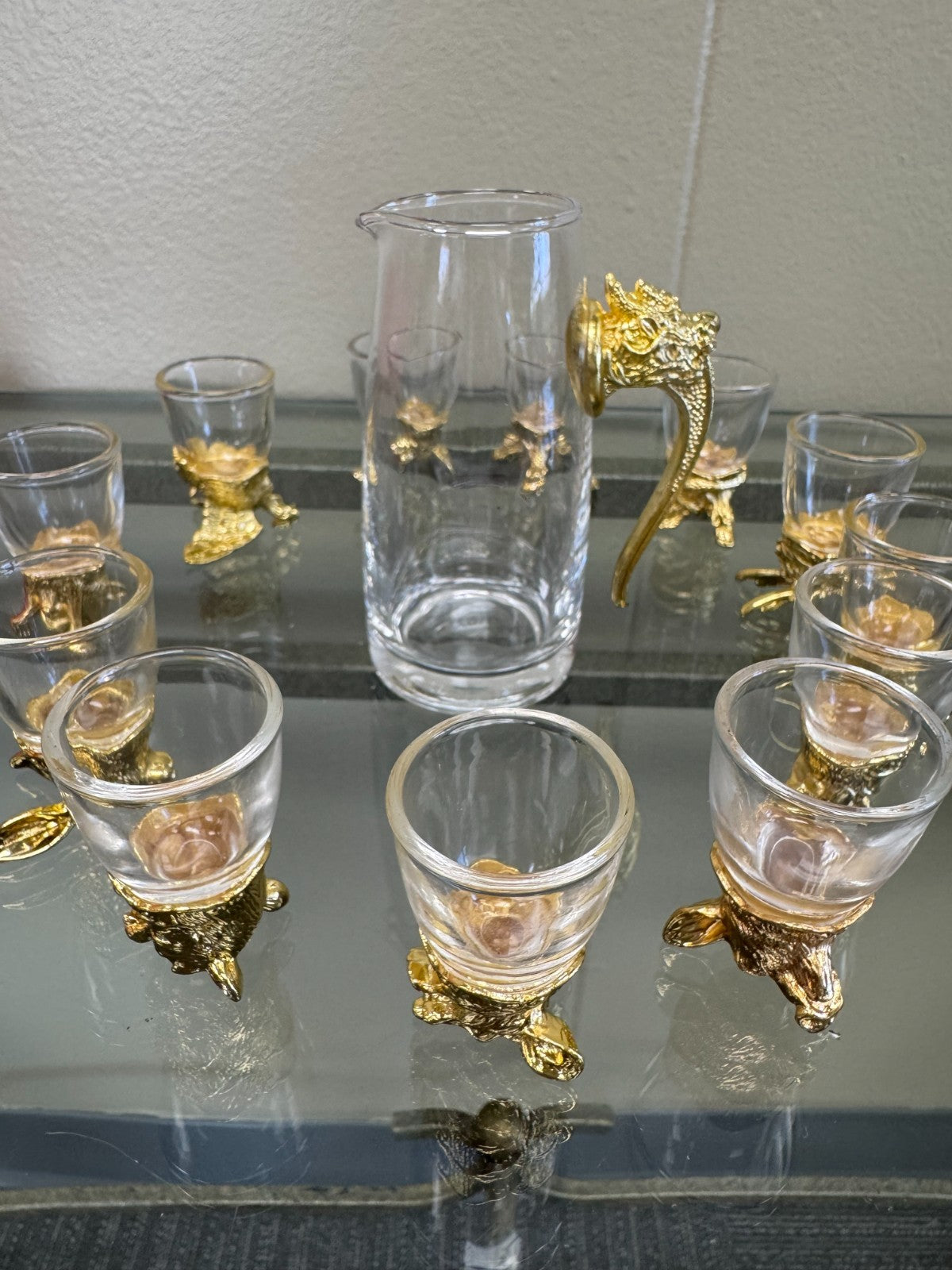 Zodiac Wine Set – 12 Gold Animal Shot Glasses & Glass Decanter with Dragon Handl