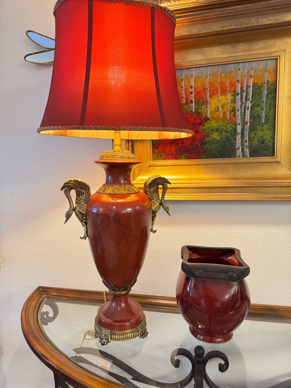 Vintage Ornate Brass Swan Handle Table Lamp – 33” Tall with Red Shade,