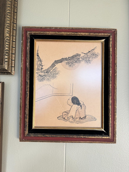 Japanese Zen Ink Drawing – Seated Figure and Mount Fuji –18x15