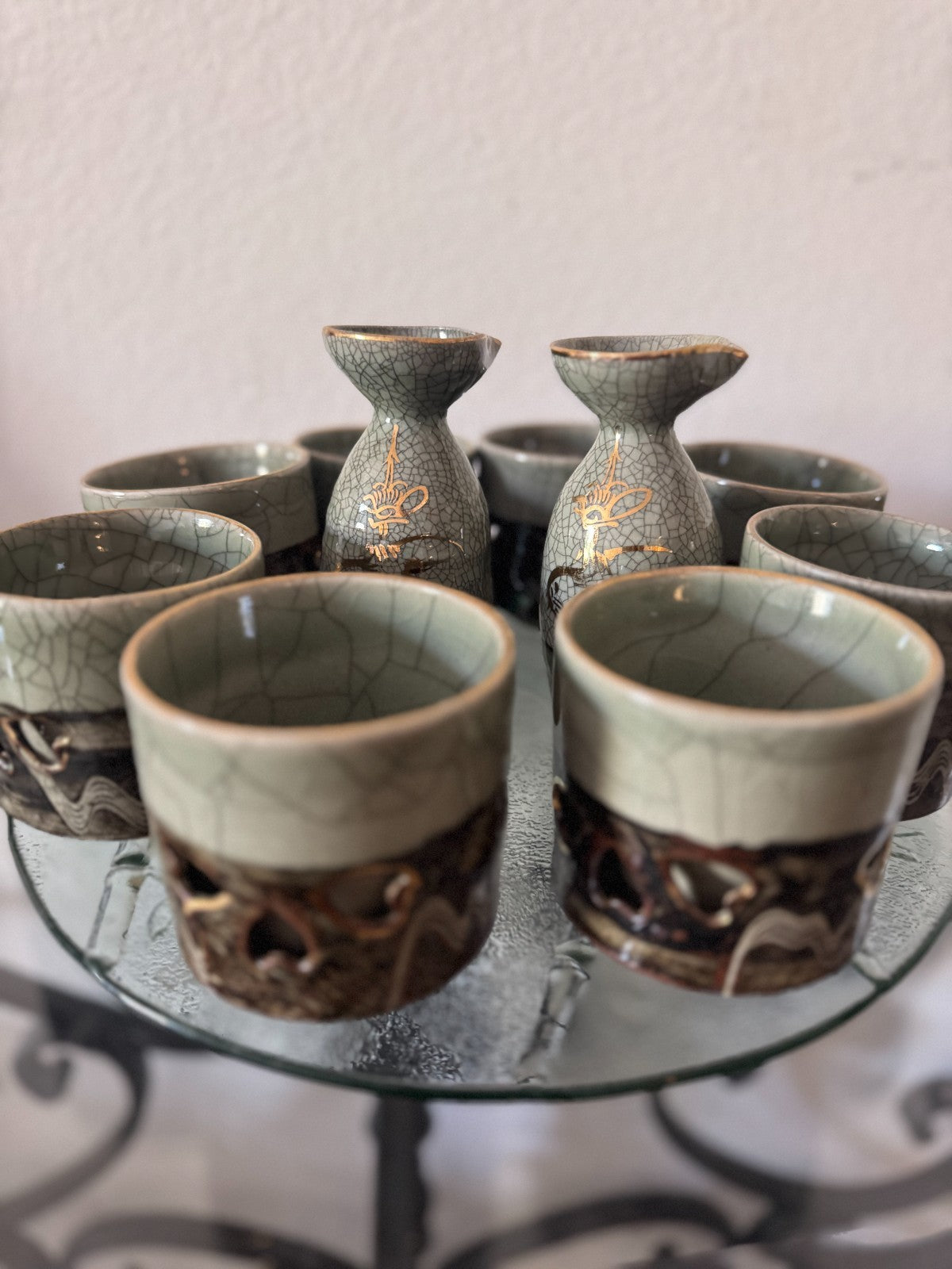 Somayaki Soma Ware Sake Cups Shot Glass Set of 8 Celadon old Horse Double Wall ,