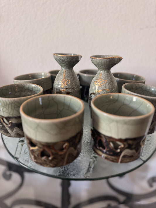 Somayaki Soma Ware Sake Cups Shot Glass Set of 8 Celadon old Horse Double Wall ,