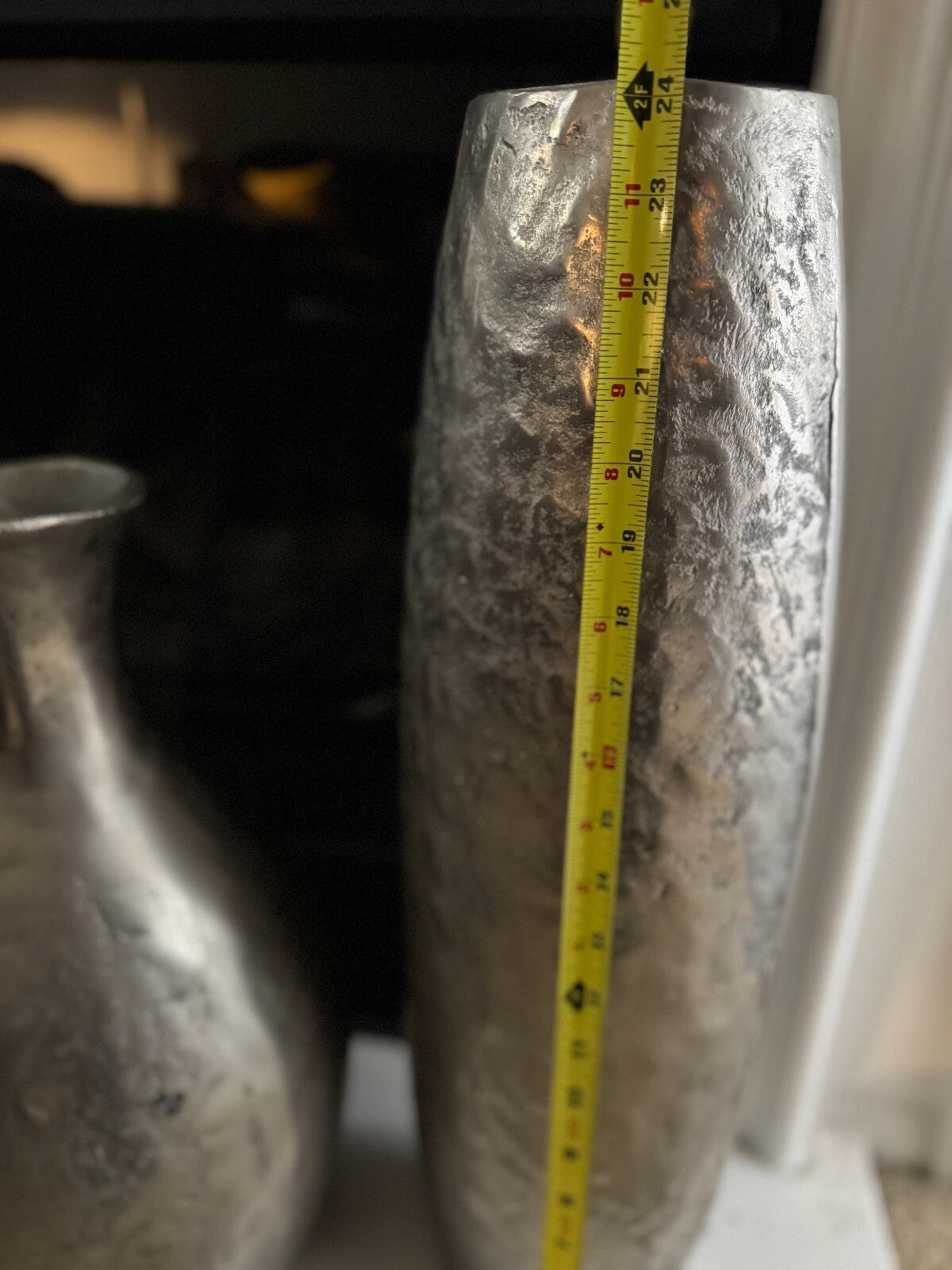 Set of 2 Hammered Silver Metal Floor Vases Modern  24,19 inches tall