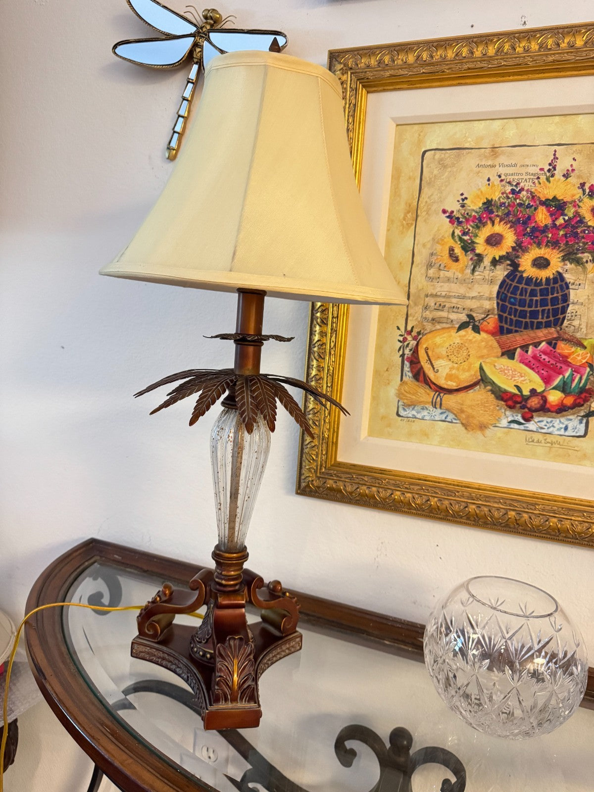 Vintage Tropical Palm Leaf Table Lamp with Fabric Shade  28” Ornate Resin & Glam