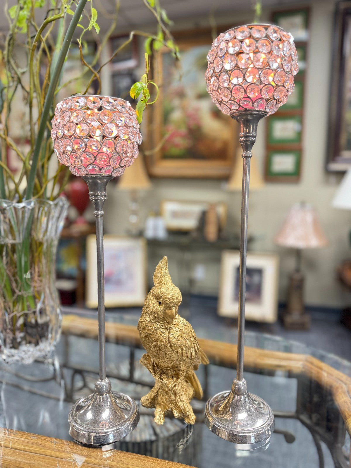 Set of 2 Crystal Beaded Candle Holders – 20, 17” Tall Silver Metal Stands