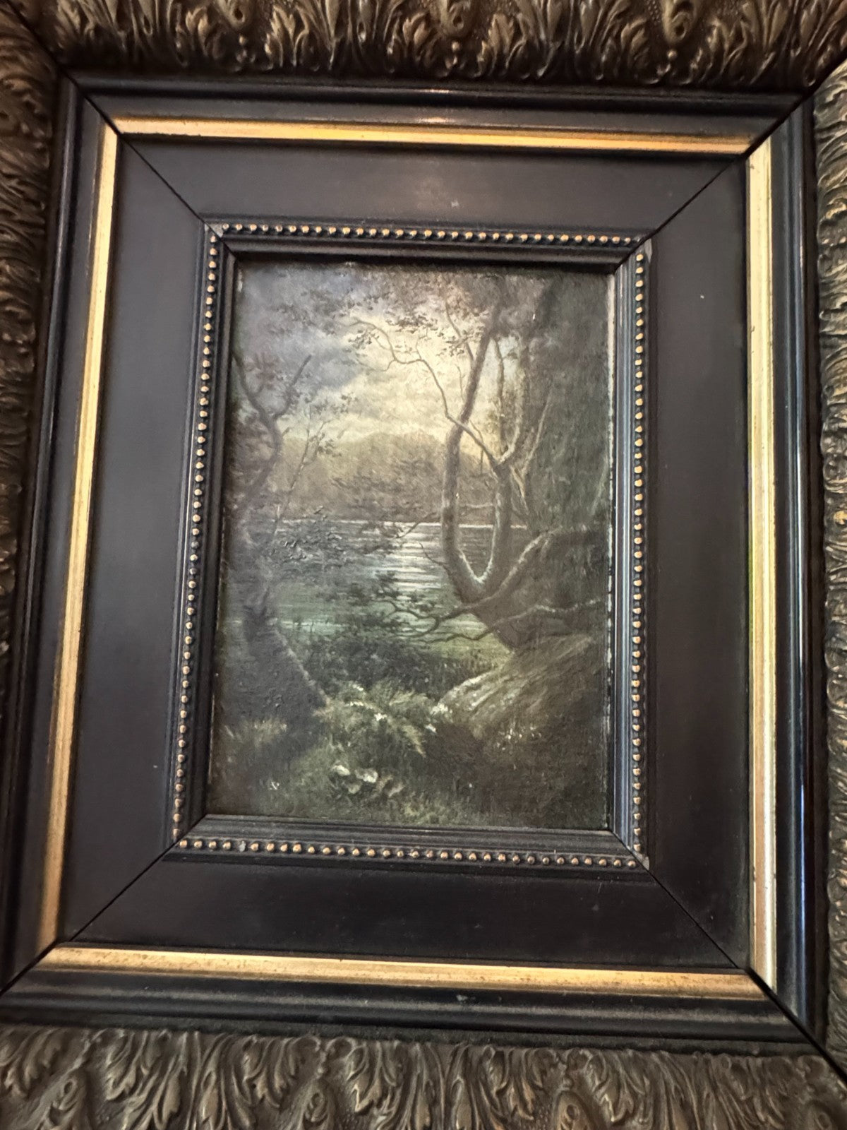 Antique Framed Oil Painting – Woodland River Landscape – Ornate Black & Gold Fra