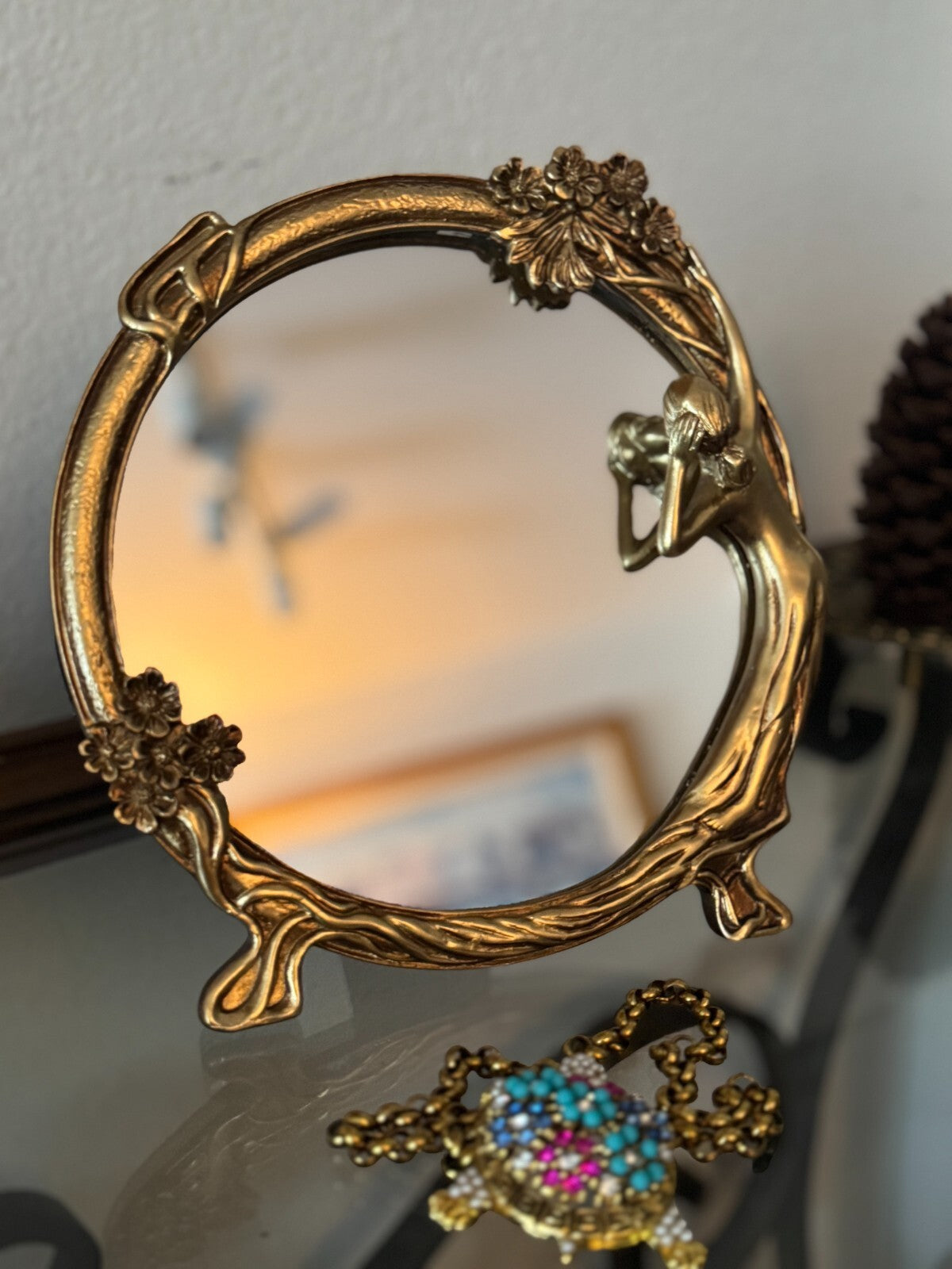 Vintage Art Nouveau Style Resin Vanity Mirror Woman & Floral Motif 9” Gold