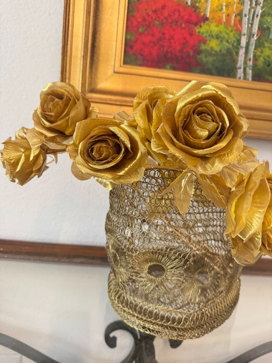 6pcs Gold Rose Artificial Flowers, Polyester, Home Decor, Tabletop Display,