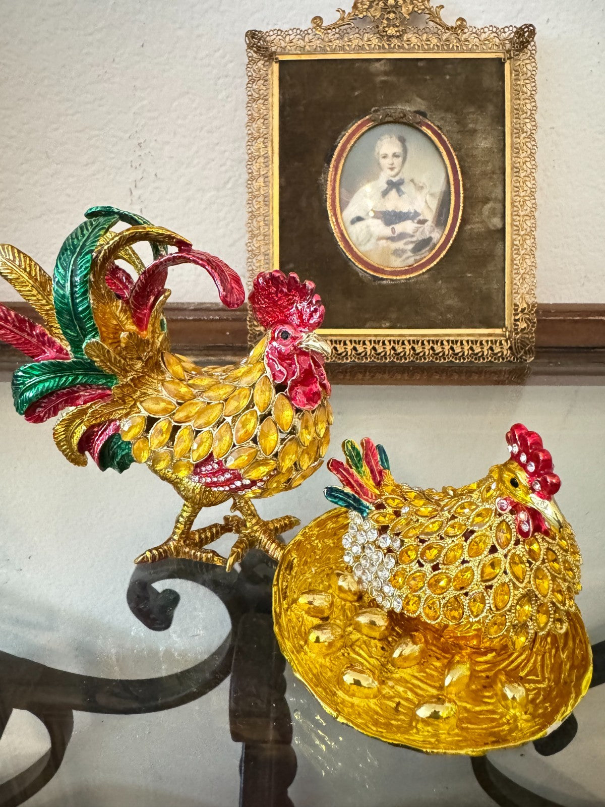 Colorful Set Rooster & Hen Jeweled Trinket Box  – Hinged Jewelry Storage Figurin