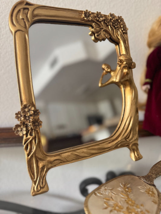 Art Nouveau Style Gold Resin Vanity Mirror – Woman & Floral Frame – 8” x 11”