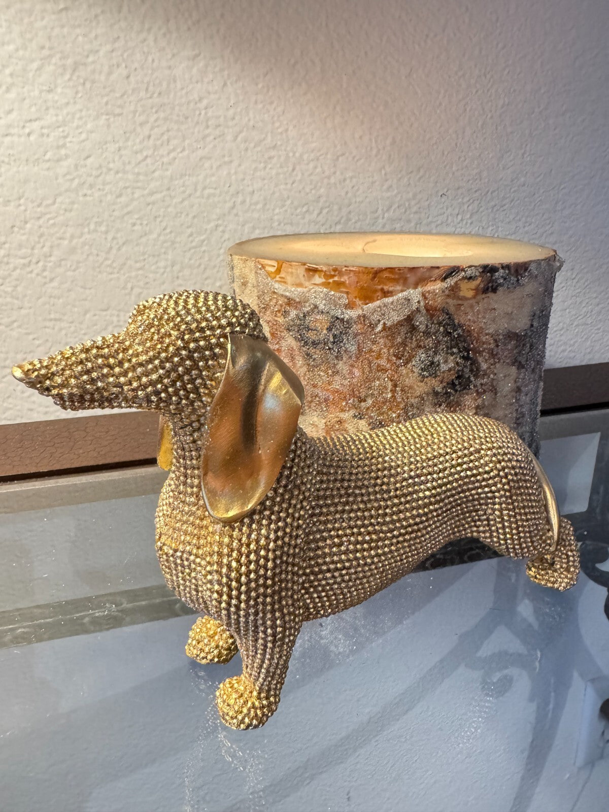 Elegant Gold Beaded Dachshund Dog Figurine – Decorative Sculpture, 6 Long