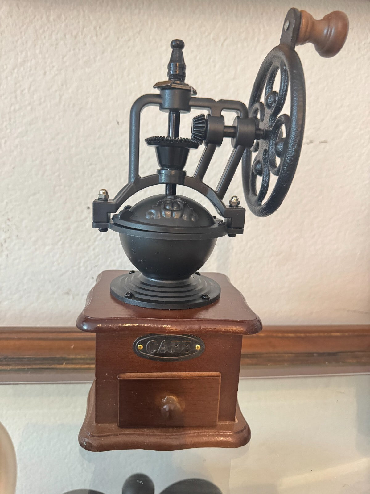 Vintage-Style Manual Coffee Grinder Cast Iron & Wood Hand Crank Mill “CAFE” 9”