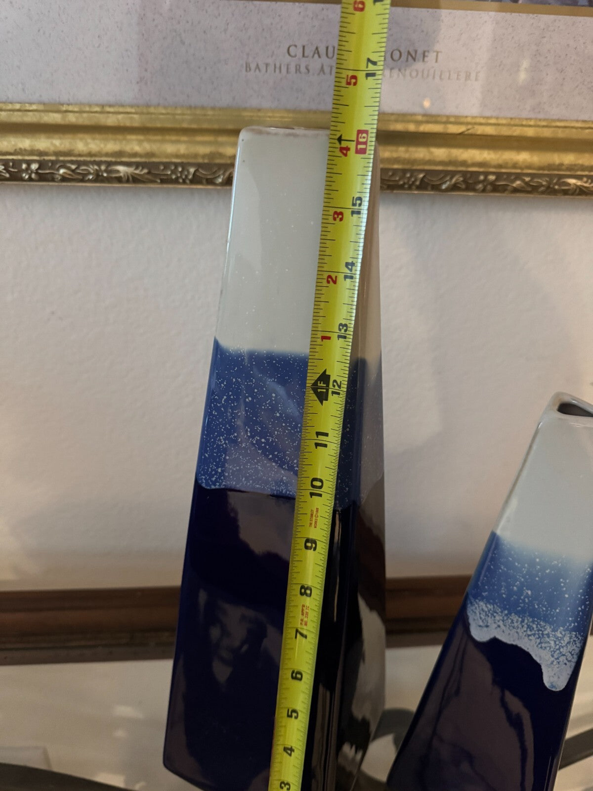 Set of 2 Modern Ombre Blue & White Ceramic Vases – 16” & 12” Geometric Tapered