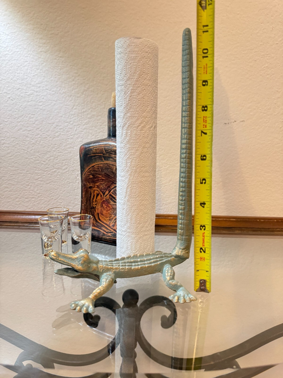 Whimsical Cast Iron Alligator Paper Towel Holder – 12” Tall Tail Stand, Light Bl